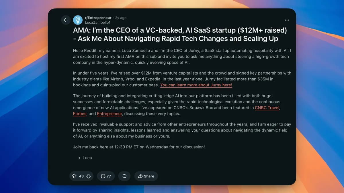 An AMA post on r/Entrepreneur where a SaaS CEO introduces themselves, states their track record and sets a time to answer live
