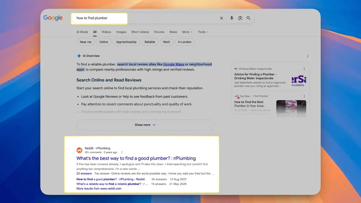 Google results for 'how to find plumber': an AI Overview at the top and a highlighted r/Plumbing thread with 23 answers below it