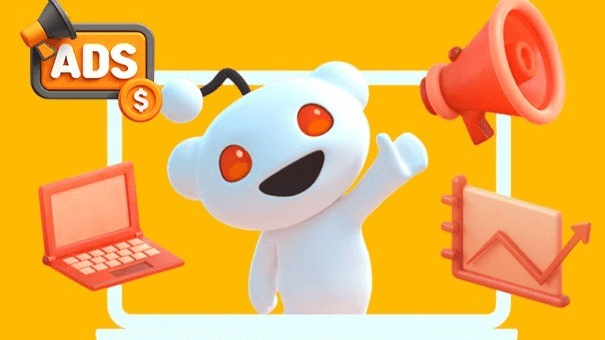 Illustration of the Reddit mascot with an ADS badge, a laptop, a megaphone and a rising chart