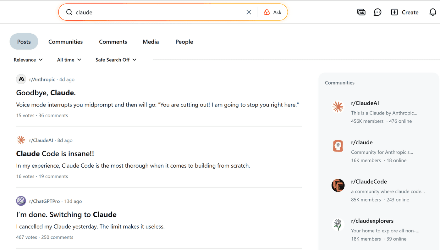 Reddit search results for a product name: matching posts on the left and a Communities panel with member counts on the right