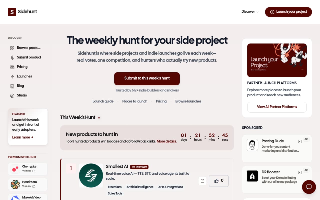 Sidehunt website screenshot
