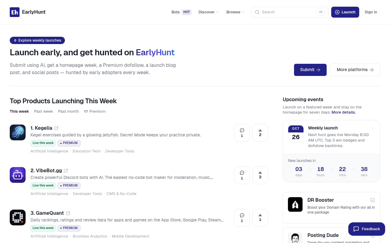 EarlyHunt website screenshot