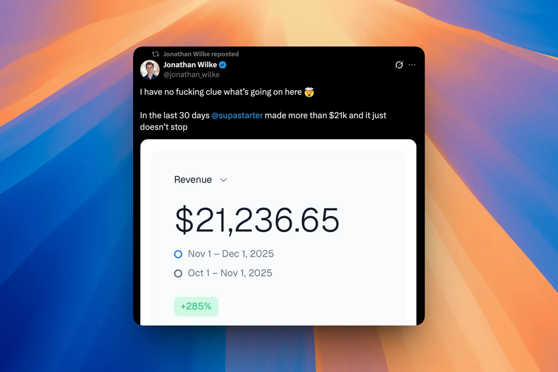 Jonathan Wilke, creator of Supastarter, sharing his boilerplate earnings on X (Twitter)
